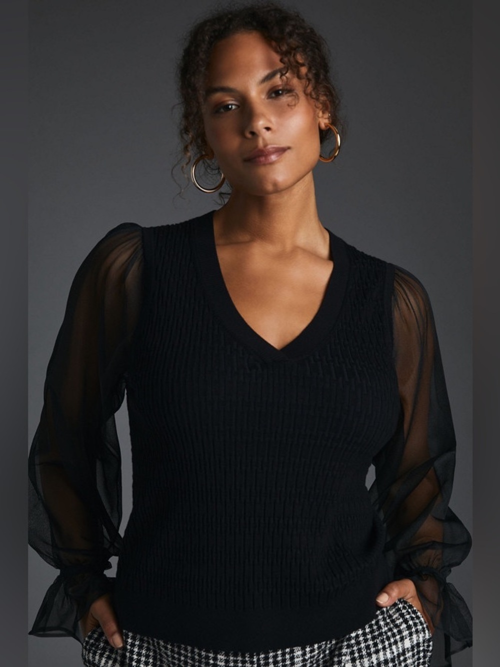 Anthropologie Maeve Sheer Sleeve Sweater Black Textured V-Neck Knit Top | M